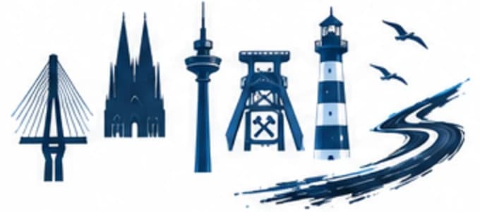 Brücke, Dom, Rheinturm, Förderturm, Leuchtturm und Straße